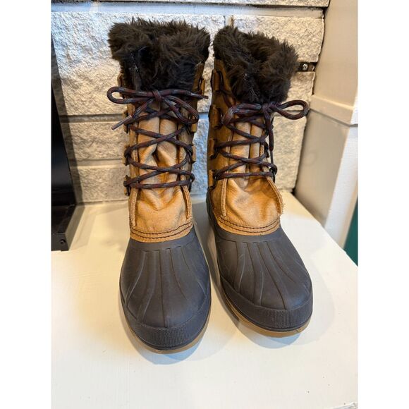 VINTAGE Badger Sorel Women’s Snow Boots Size 7 Brown Leather Waterproof Faux Fur - Picture 3 of 8